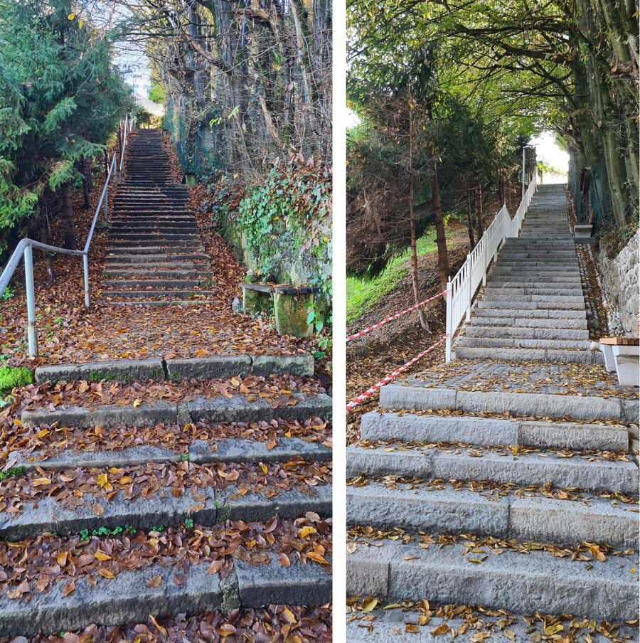 Stopnice na Golovec pred in po prenovi. Foto vir: IZTR in JP Voka Snaga